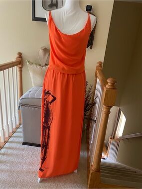 By_d.s- NWT- Bright Orange Graphic Maxi Dress with Scoop Neck and cut out back